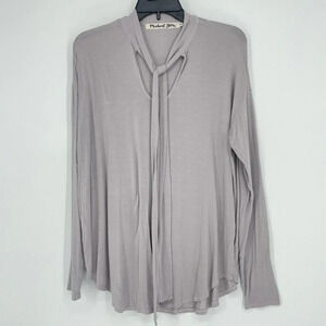 Michael Stars Blouse Women's Sz OS Gray Tie Neck Curved Hem Pullover Long Sleeve